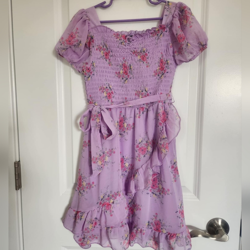 *2/$10*Girls size 7/8 Lilac Smock top dress Sheer overlay Ruffles pink flowers